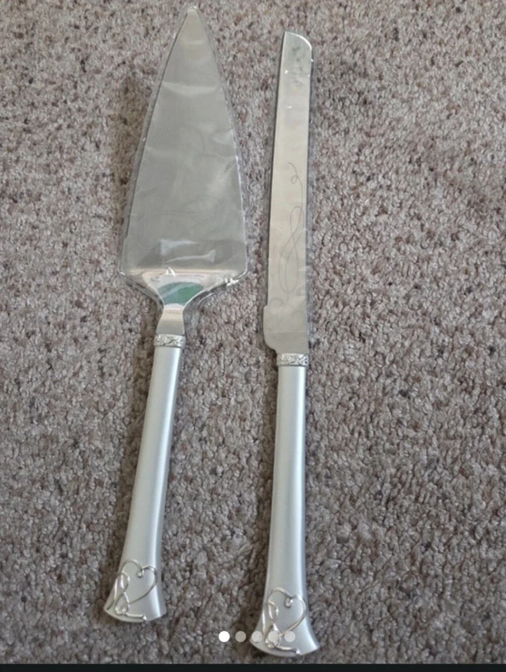 Silver Cake Knife and Server Set with Heart Accent